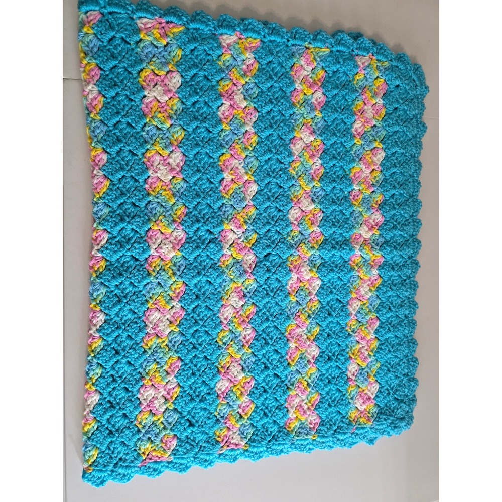 Handmade Crochet Baby Blanket Blue Pink Yellow Shell Stitch Scalloped 36x23